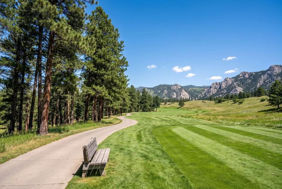 Cart path between pines beside a striped fairway