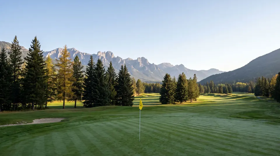 Putting green with a yellow flag below limestone peaks