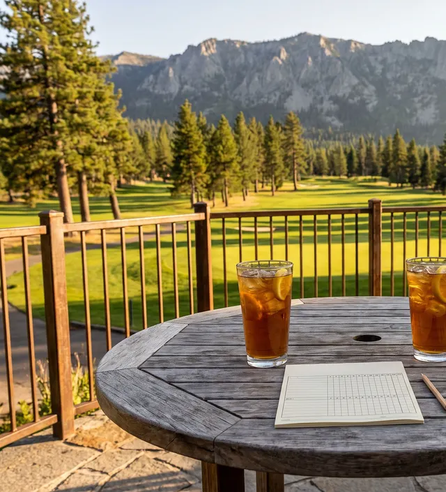Patio table with iced tea and a blank scorecard
