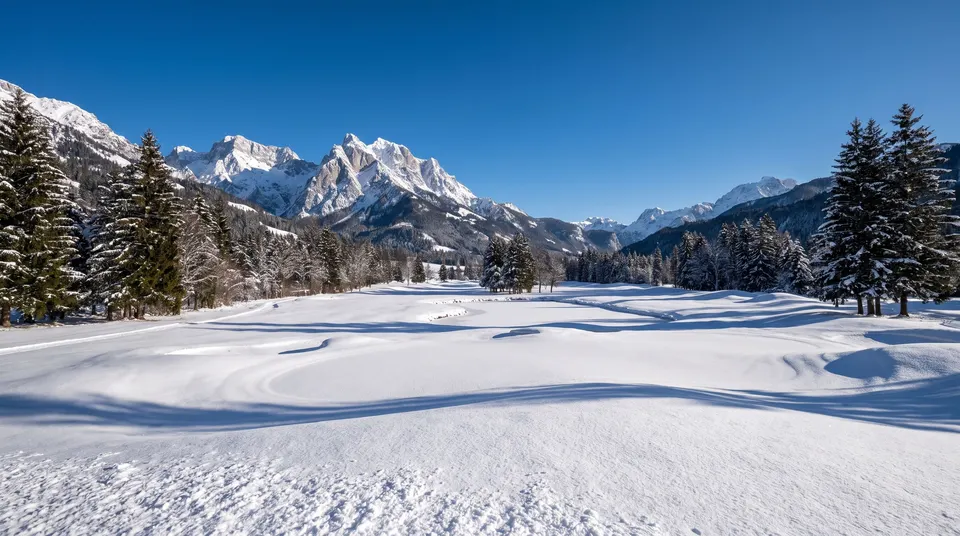 Snow-covered golf course below sharp white peaks